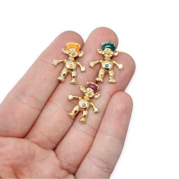 Vintage Troll Doll Pin Set 3 Pins Orange, Purple and Green Gold Tone Clutch Back - Picture 3 of 3